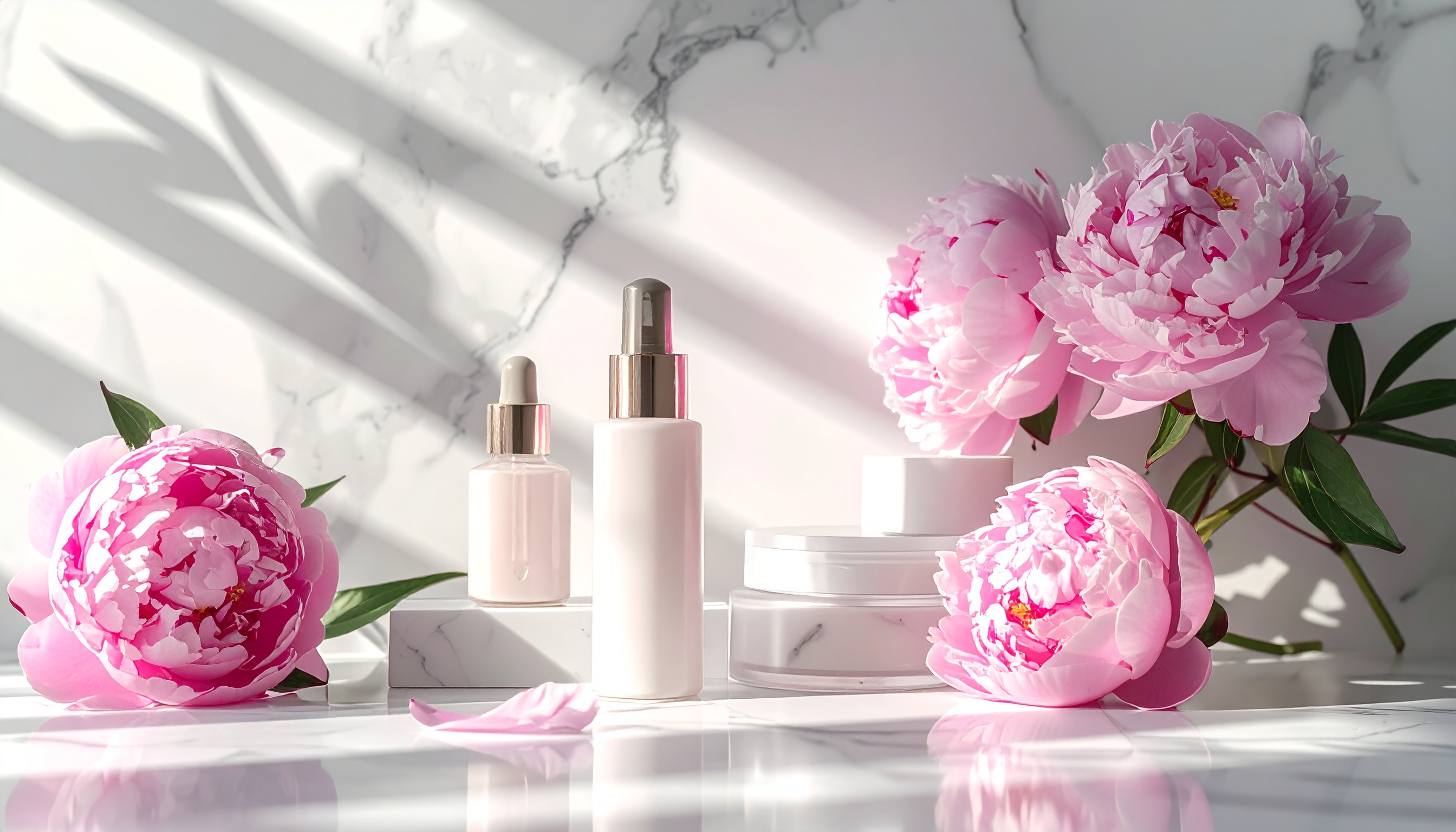 Cena de cosméticos minimalistas com frascos brancos sobre superfície de mármore, decorada com peônias rosa. A luz suave e sombras delicadas criam uma atmosfera serena e sofisticada, destacando a textura dos produtos e das flores em um contexto elegante e luxuoso.